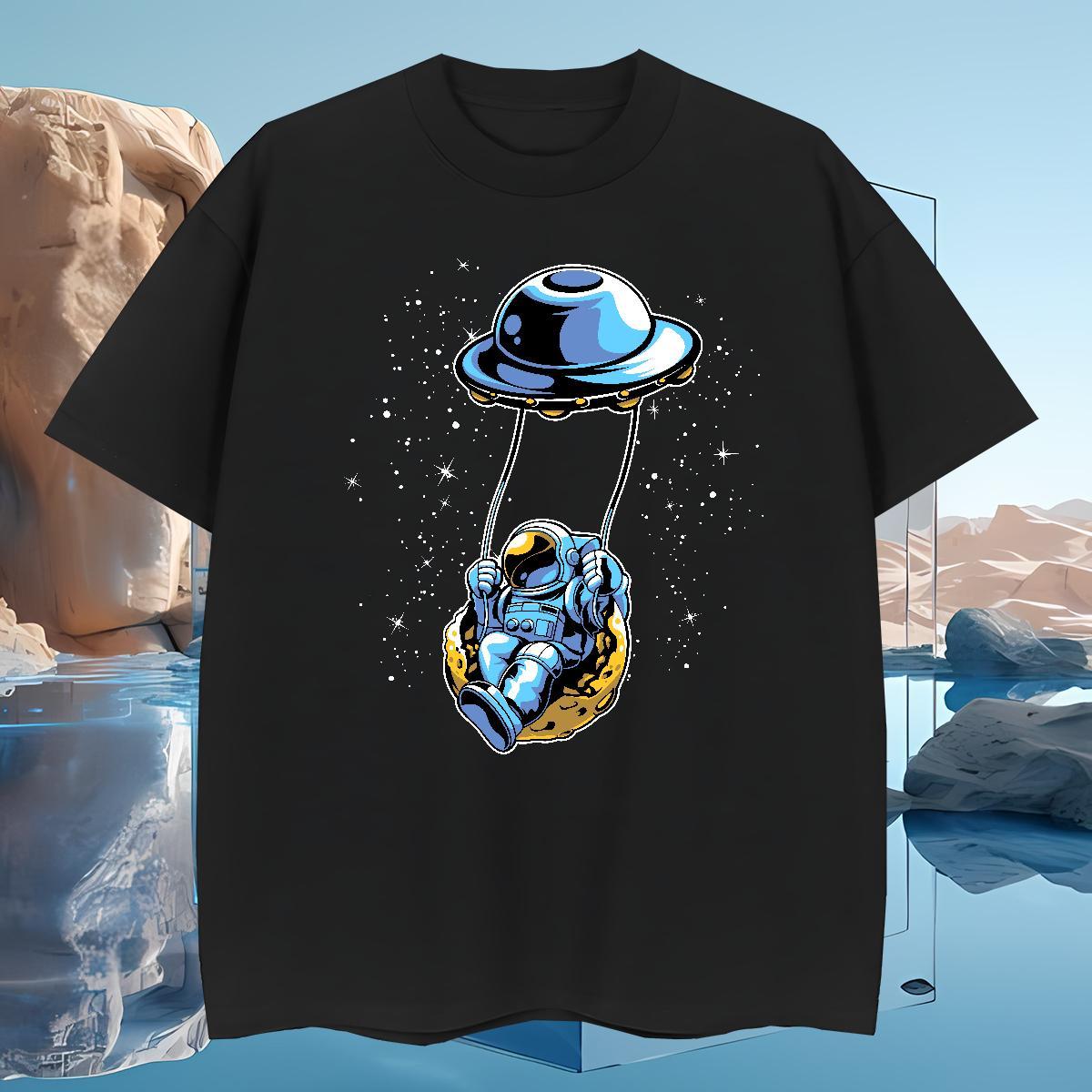T Shirts Men 230g 100% Cotton cosmonaut Hip Hop Street Crew Neck Black White Men Tees Free Shipping Loose Tees Shirts