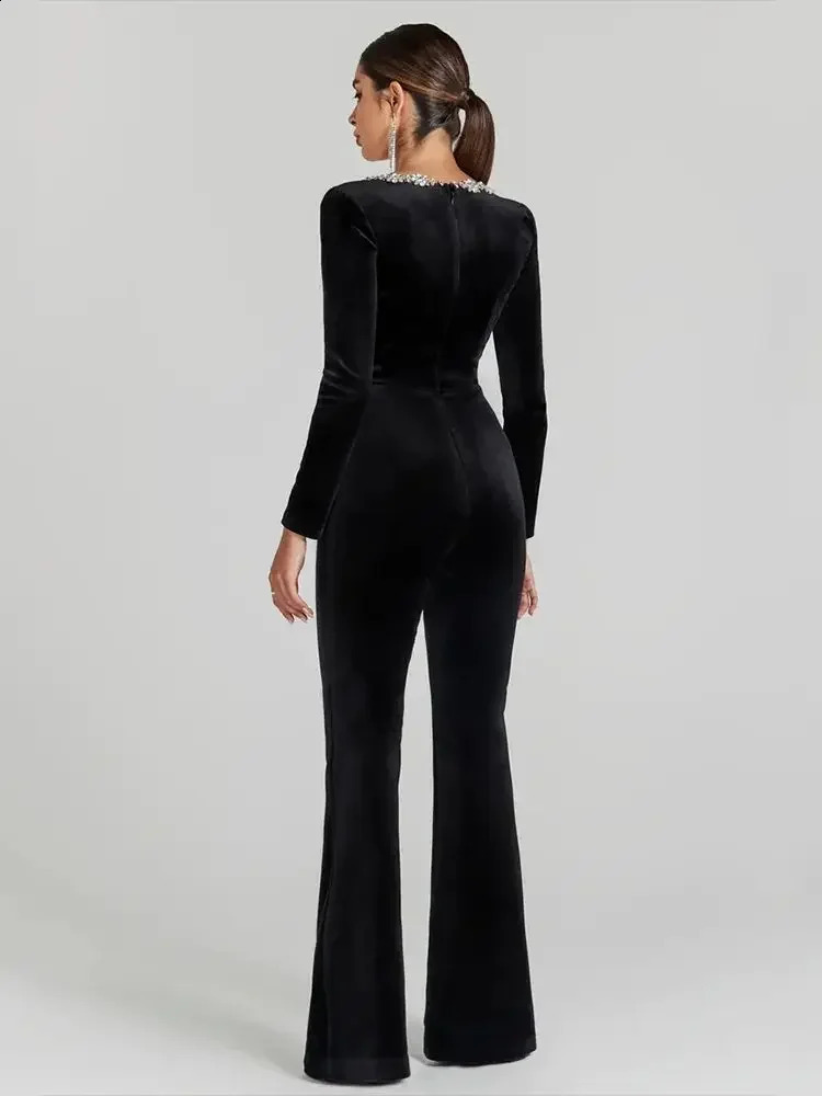 DEIVE TEGER 2024 Womens Black Bandage jumpsuit Square Neck Diamond High Waist Wide Leg jumpsuit Elegant Party jumpsuit 240813