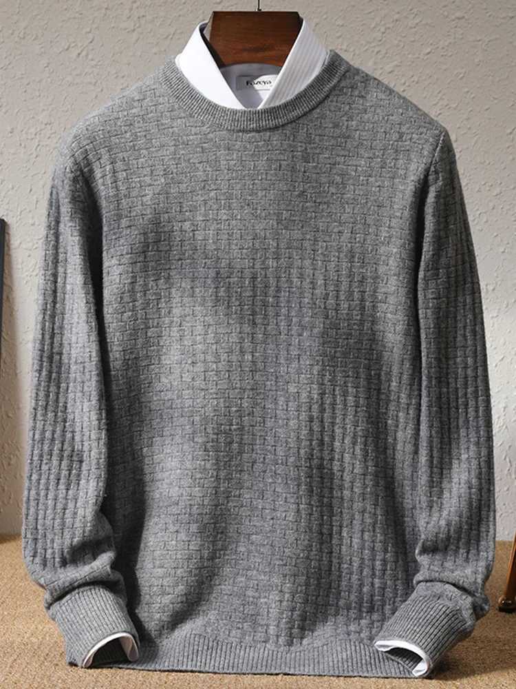 New 100% wool knitted floral mens autumn O-neck jacquard sweater casual long sleeved bottom sweater loose solid color topW240729