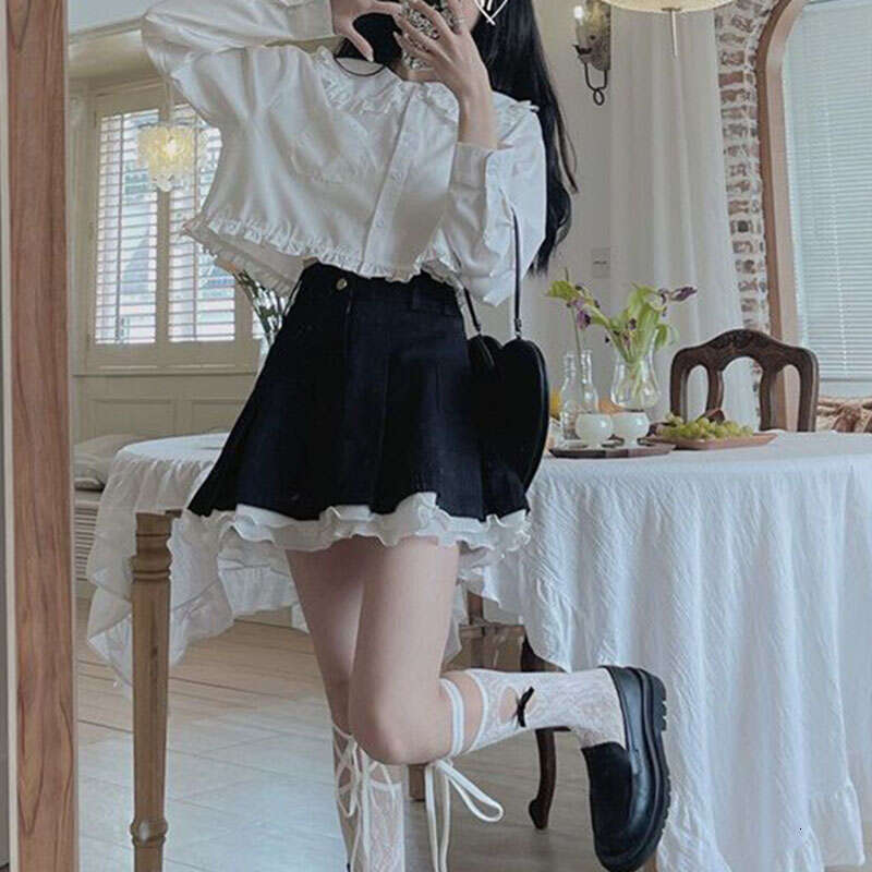 Sexy Lace Patchwork Mini Skirts for Women Japanese Sweet Cute Black Pleated Tennis Woman Y2K High Waist Lolita Cake Skirt
