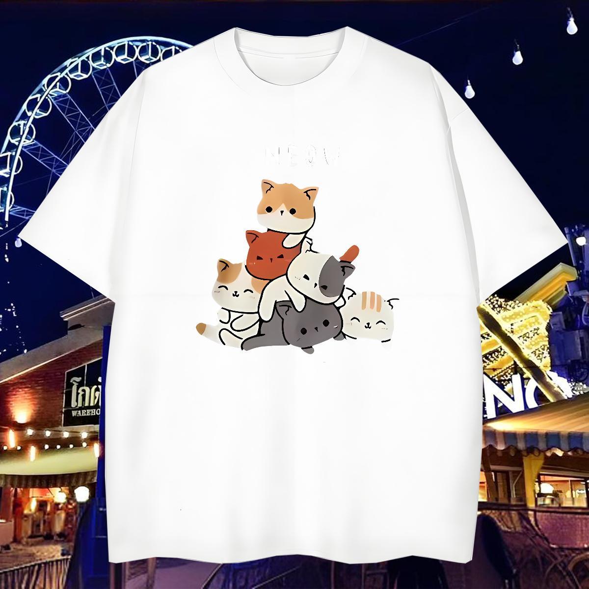 T-Shirts 230g Cotton cute Home Outdoor Breathable Crew Neck Cartoon Print Tshirts 2024 DIY Unisex Tops Shirt
