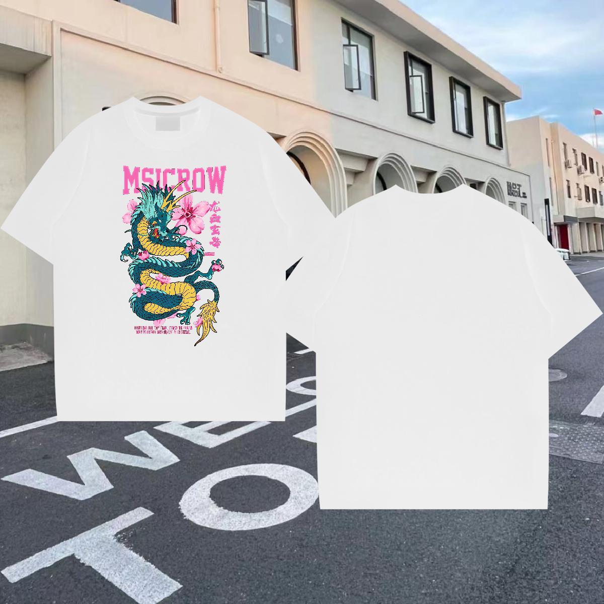 Loose Tshirt for Man Woman Hip Hop Street 230g Pure Cotton Cartoon Printing L-4XL O-Neck Short Sleeve dragon Man T Shirts 2024 Tops