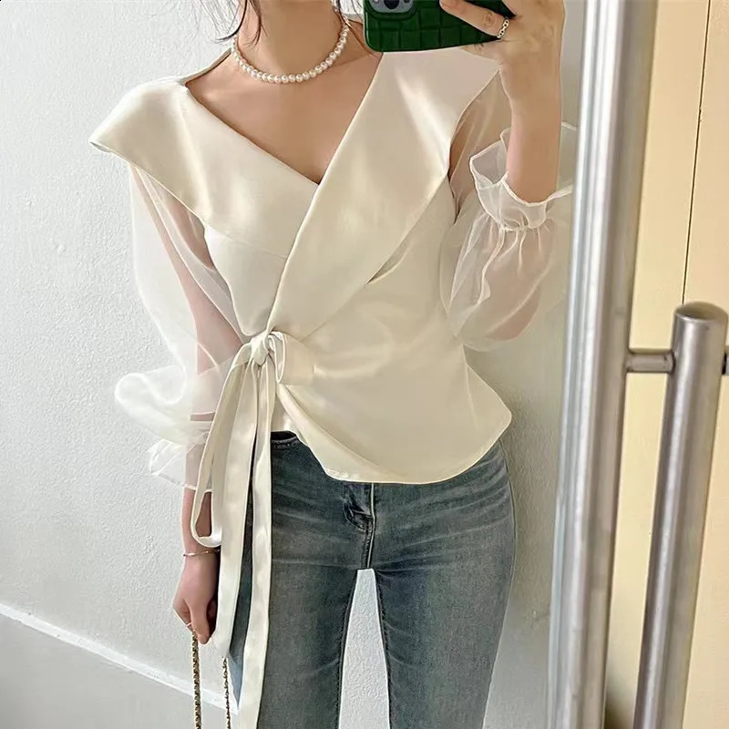 Korean Chic Spring Long Sleeve Womens V-neck Sewing Puff Sleeve Womens Lace Chiffon Sleeveless 240814
