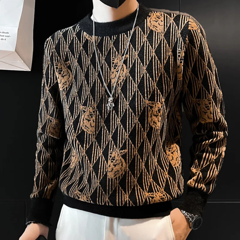 Autumn Sweater For Men Knitted Round Neck Sweater Korean Style Fashion Letter Stitching Sweater Mens Pullover Sweater Pull Homme 240821