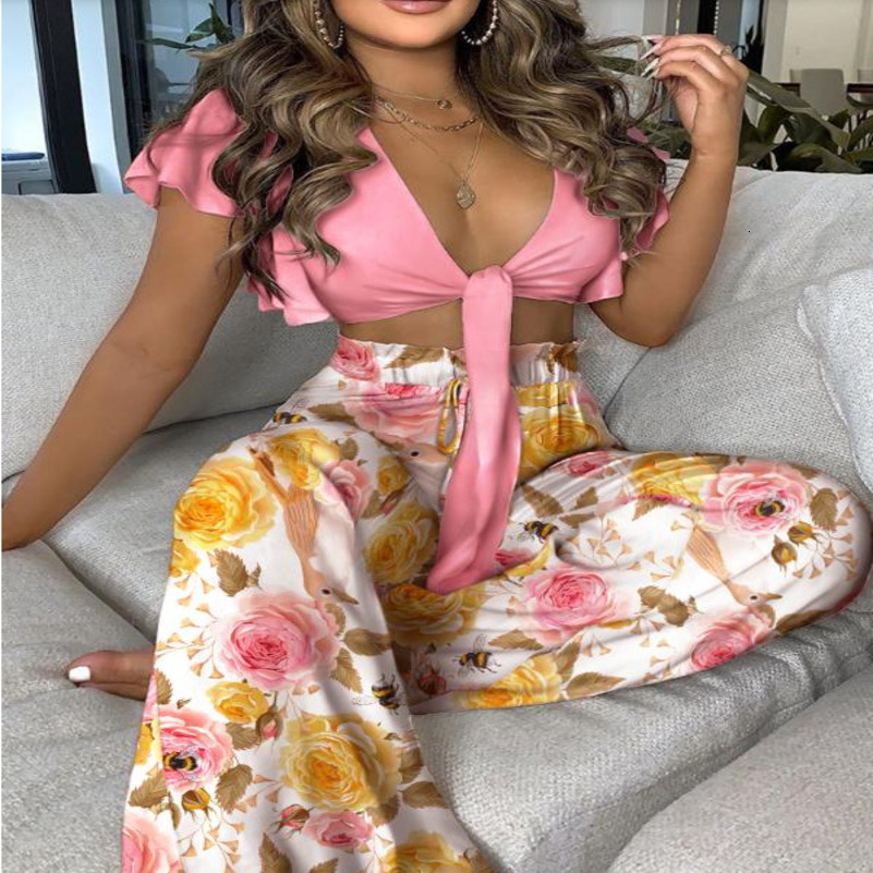 Women Two Pieces Sets Sexy Lace Up Top Floral Print Trousers Set Suits Womens Outfits Casual Clothes Female Pants Suit 240813