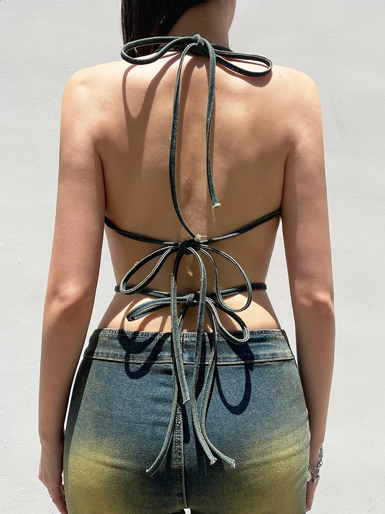 Weekeep Distressed Star-shaped Crop Top Stitched Y2k Grunge Tie-up Backless Corset Tops Women Summer Streetwear Denim Shirts 90s 240814