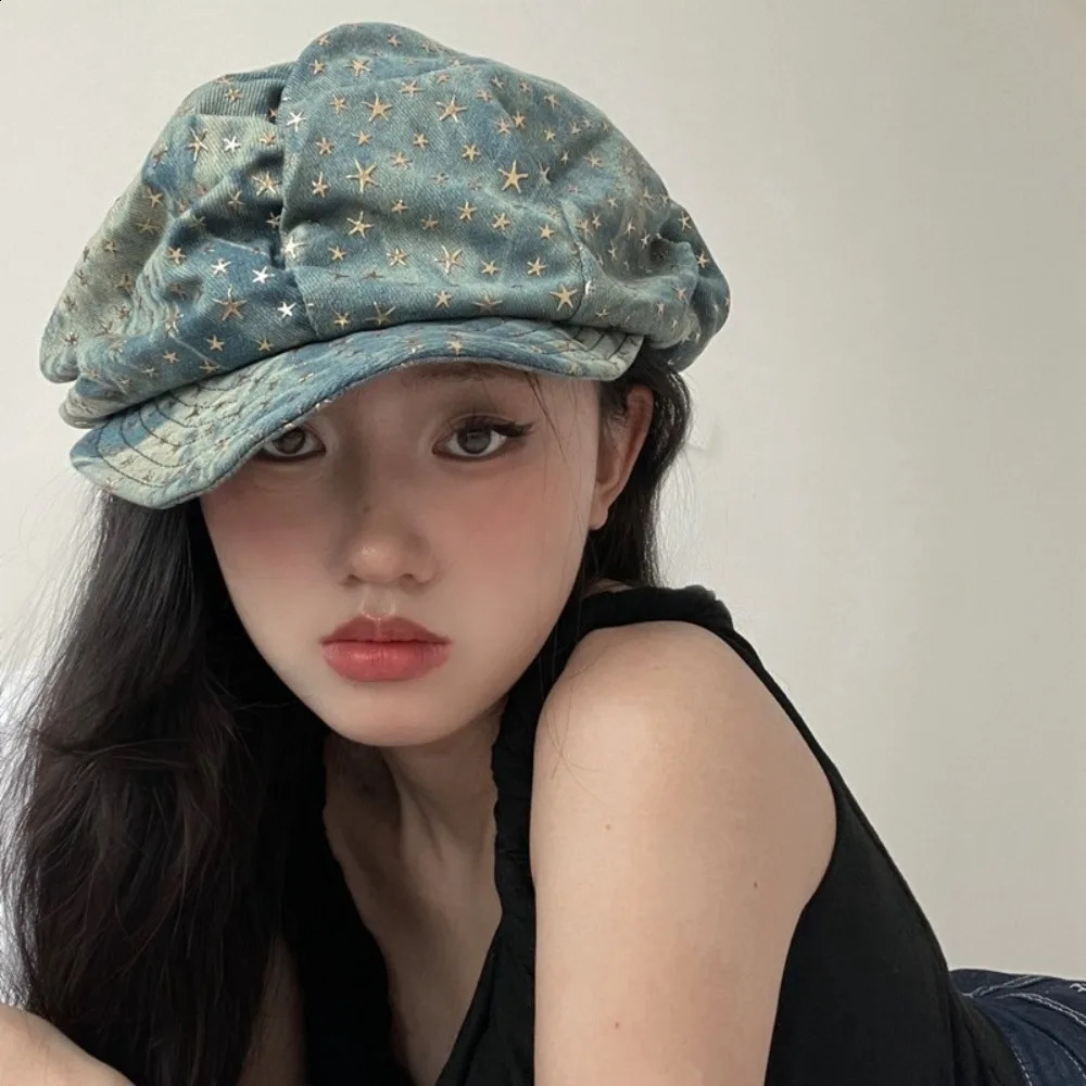Simple Y2K Vintage Cloud Hat Cool Sweet Star Berets Cap Rough Edge Korean Style sboy Cap School 240805