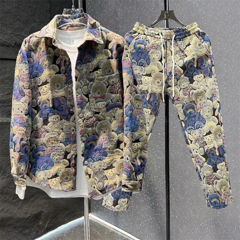 Men Bear Embroidery Suit Fashion Y2k LongSleeved Jacket Leggings Trousers Elegant Casual Loose Sports TwoPiece Set For y240813