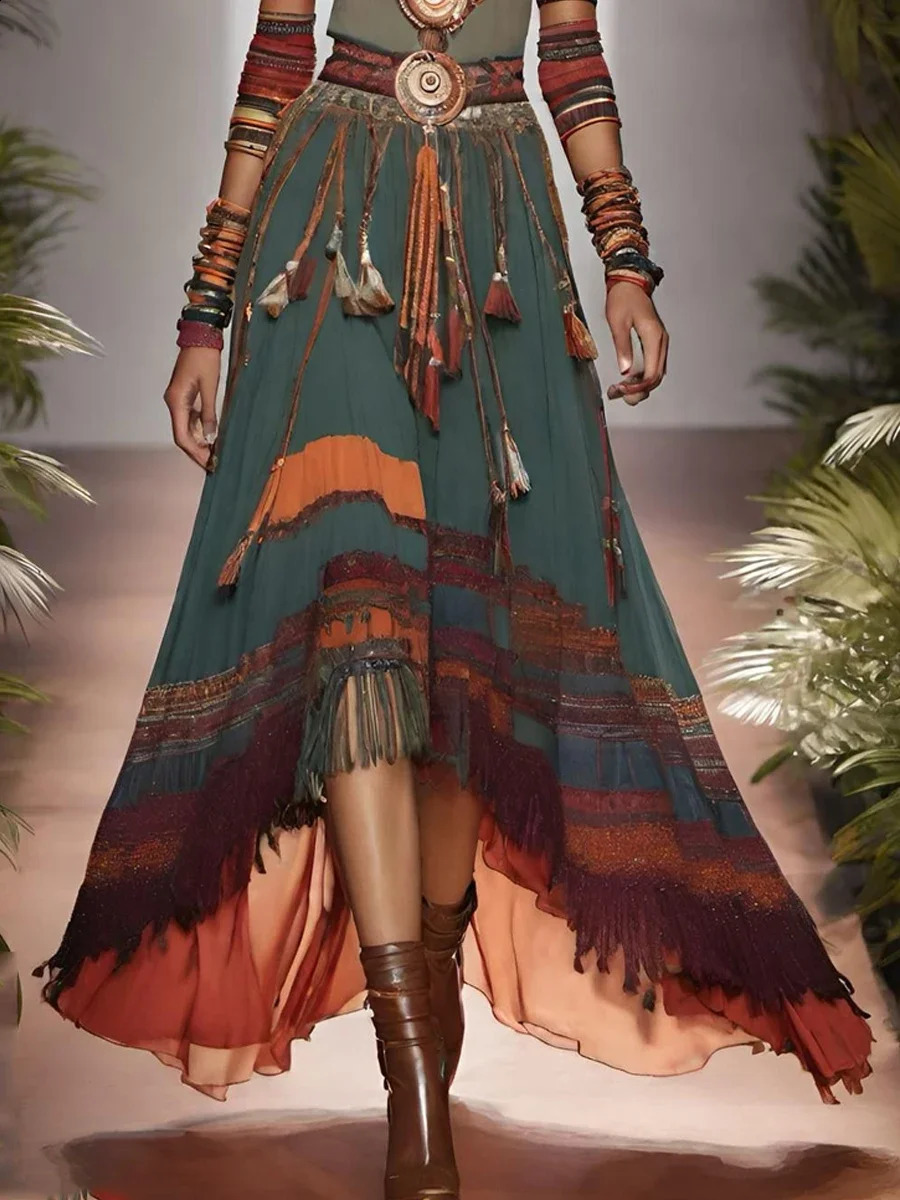 Summer/Autumn Vintage Womens Dress Bohemian Fashion Half Sleeve Patchwork Printed Tassel Irregular Hem Long Dresses 240814