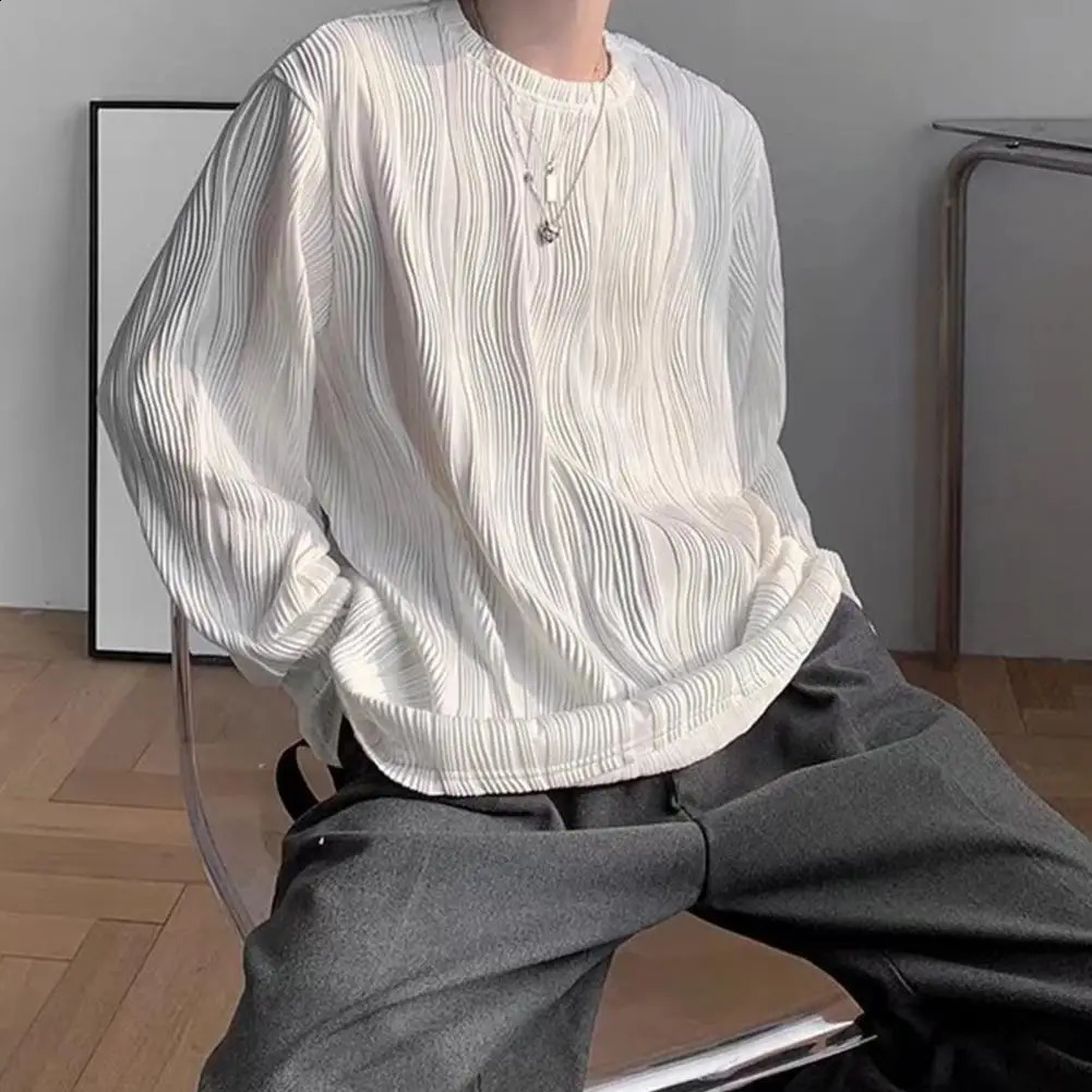 Water Wave Texture Fall Spring Men Top Round Neck Long Sleeve Oversized Solid Color Loose Pullover Mid Length Men Soft T-shirt 240814