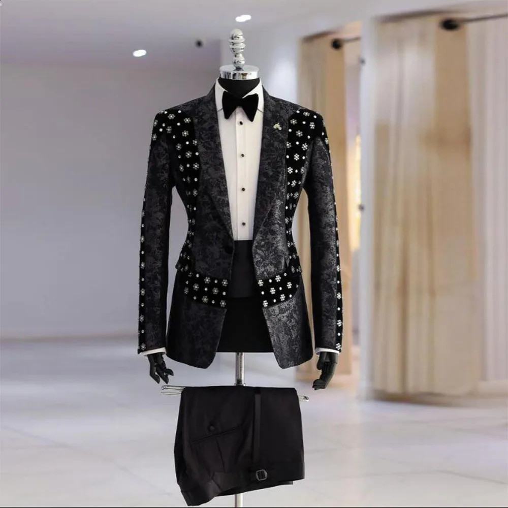 Elegant grooms tailcoat custom sparkling crystal bead wedding dress suitable for mens slim fit suit 2-piece mens ping pong ball jacket set 240814