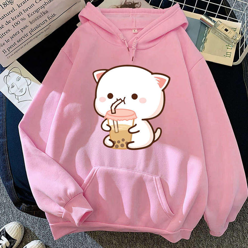 Hoodies Women's Peach And Rubber Haruku Kawaii Sweatshirt Cat Drink Milk Tea Autumn Winter Plus Size Pullover Unisex Clothes