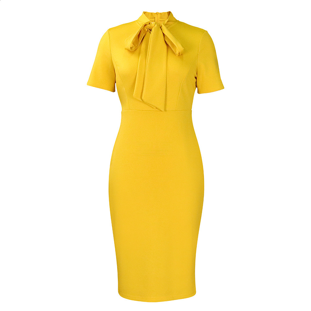 Elegant Office Dress for Women Professional Bow Collar Short Sleeve Solid Package Hips Mid Calf Business Work 240329