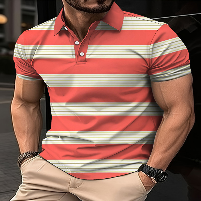2024 Mens Summer Short Clothes Sleeved Lapel 3D Digital Printed Striped Polo Shirt Mens Business Casual Top Clothes 240813