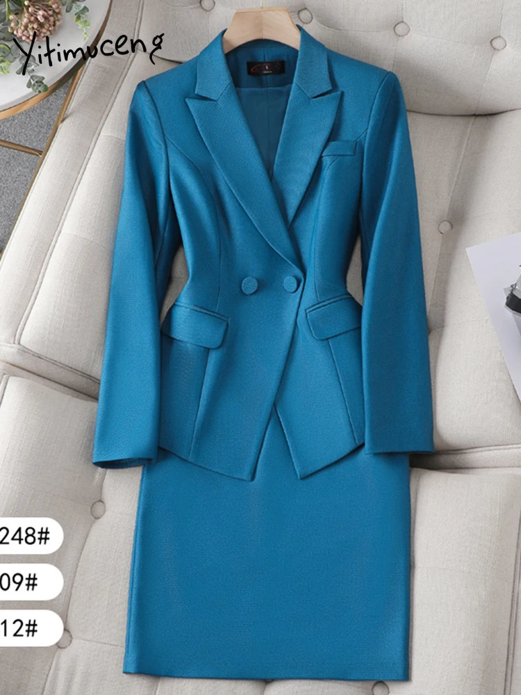 Yitimuceng Formal Blazer Suit for Women Double Breasted Notched Office Wear Women High Waisted Skirts Slim Pants 2 Piece Sets 240813