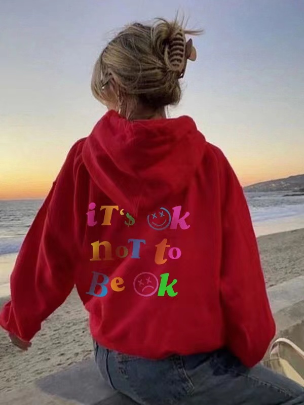 2024 Independent Station Foreign Trade Women's Plush Hoodie Solid Color Letter Printed Kangaroo Pocket Drawstring Printed Hoodie