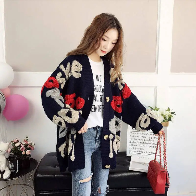 Slouchy Style Sweater Womens Cardigan Loose Autumn and Winter Korean Outerwear Knitted Jacket Medium Length 240712