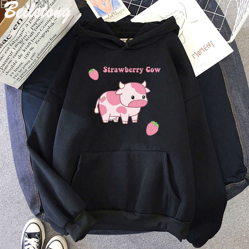 And Cow Strawberry Kawaii Women Hoodies Casual Pullover Plus Size Sweatshirt Autumn Winter Warm Girl Streetwear Clothes Tops