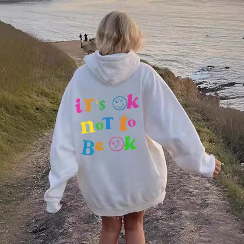 2024 Independent Station Foreign Trade Women's Plush Hoodie Solid Color Letter Printed Kangaroo Pocket Drawstring Printed Hoodie
