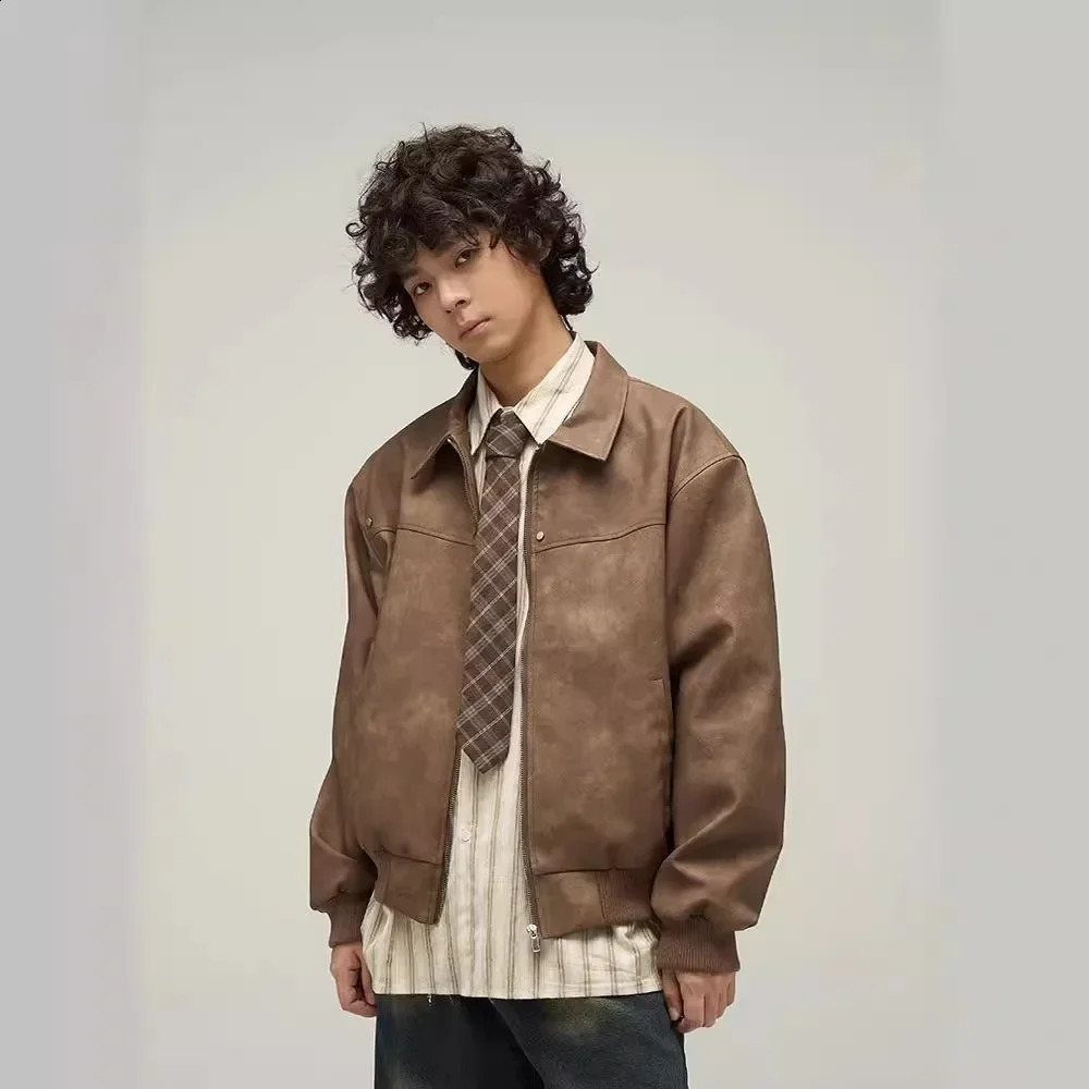 Spring Autumn Style American Vintage Distressed Brown Leather Jacket For Men High End Feel Clean Fit Jacket o240814