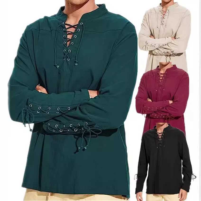 Men Medieval Costume Cotton Linen Shirts Ruffled Long Sleeve Lace Up Pirate Cosplay Shirt Vampire Medieval Renaissance ShirtM240814
