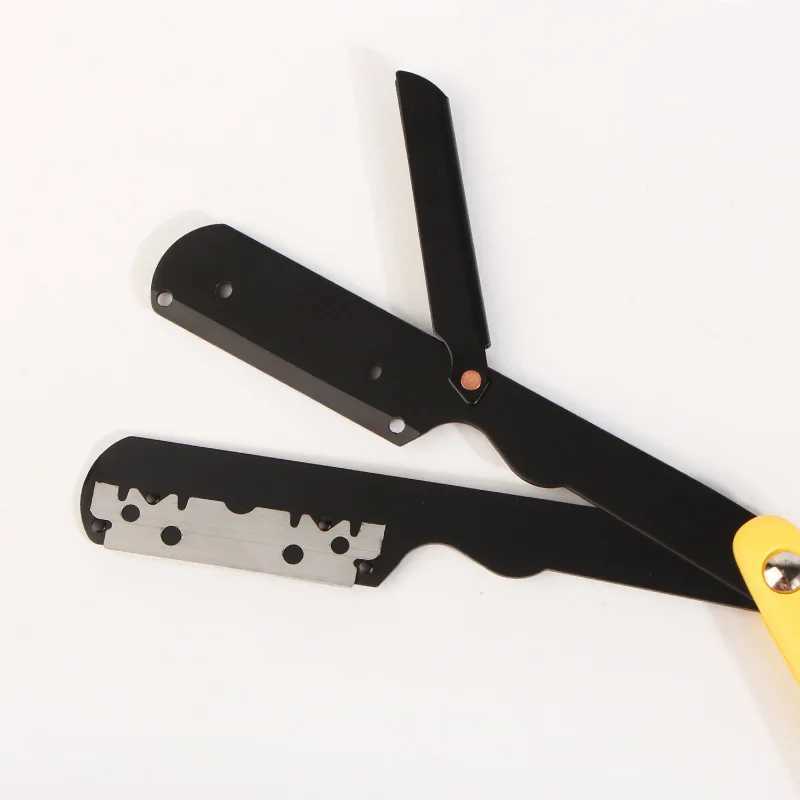 Stainless Steel Straight Edge Razor Yellow ABS Handle Barber Shop Beard And Hair Trimmer Portable Manual Folding Shaving HolderM240814