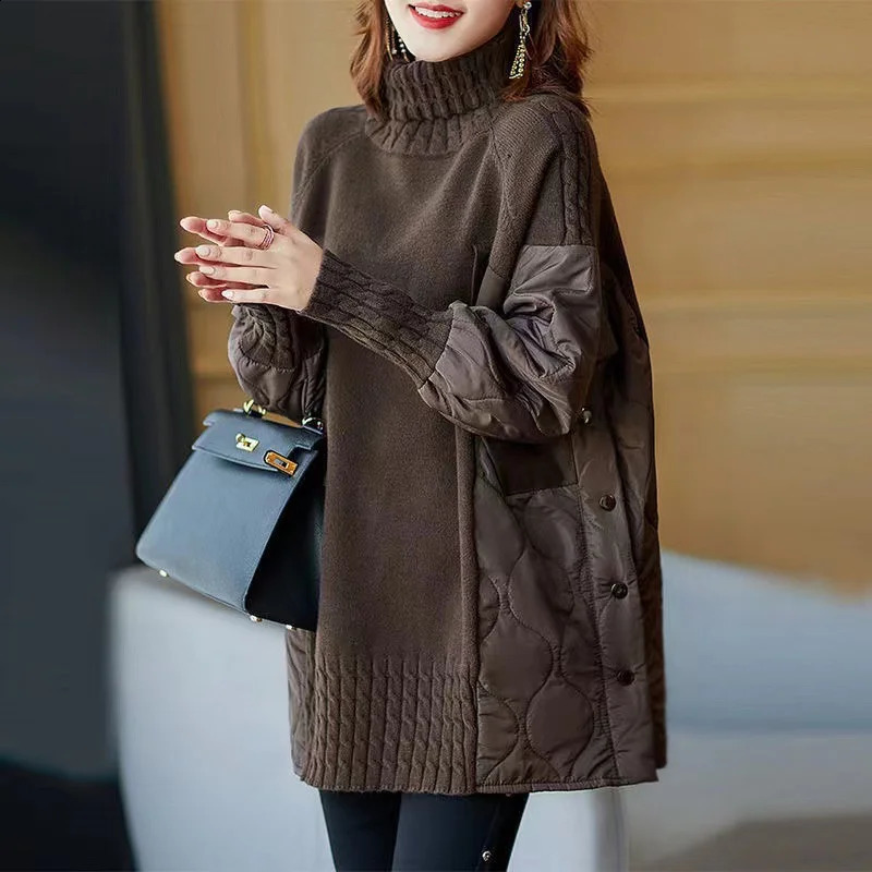 2024 Womens Parkas Autumn Winter Fashion Loose Mid Long Casual Splicing knitted Warm Female Jacket Outwear Overcoat Woman 240813