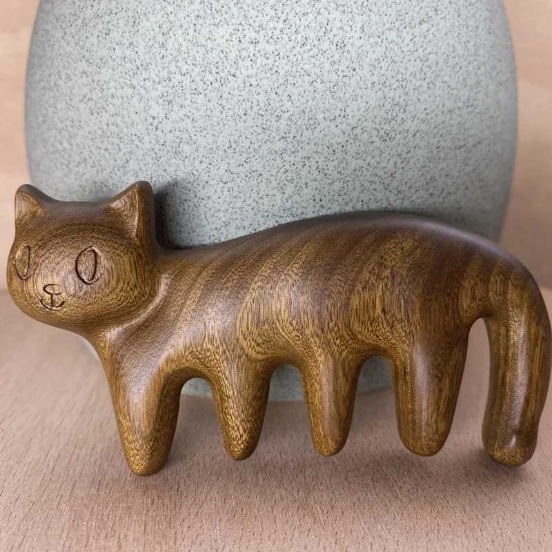 Wooden massager comb Cute cat hair massager Scalp massager Facial massager Creative comb Guasha massage tool Wide tooth comb W240813