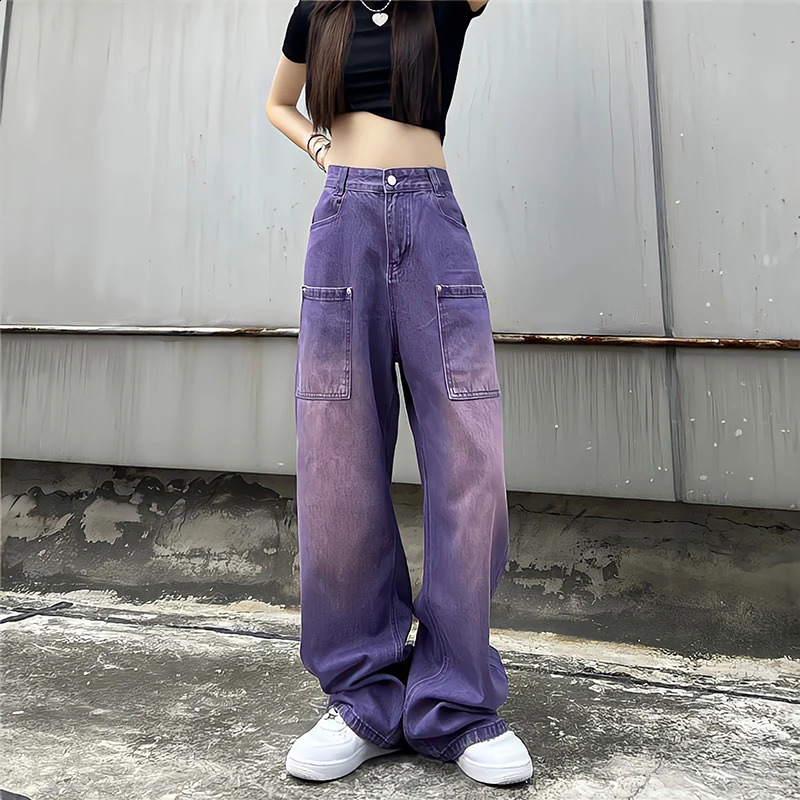 Womens Purple Baggy Jeans Boyfriend Style High Waist Gradient Color Washed Y2k Cargo Pants Mopping Straight Denim Trousers 240813