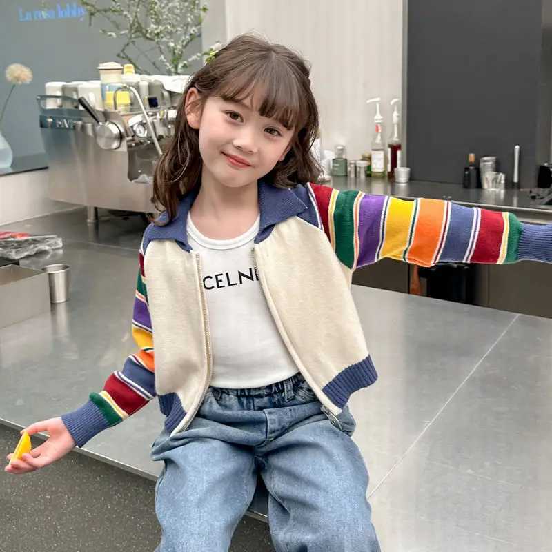 Autumn and winter fashion Korean Kawaii girls cardigan wool sweater patchwork childrens top casual long sleeved sweater cute Y2K childrens clothing W2