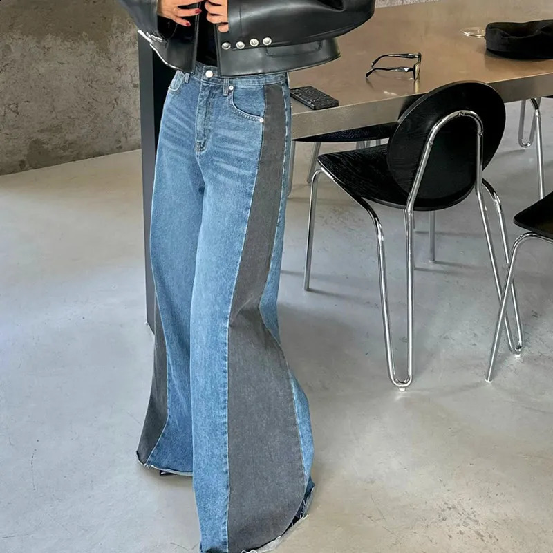 Y2K Fashion Patchwork Vintage Blue Baggy Flare Jeans Pants For Women Clothes Loose Wide Leg Denim Trousers Pantalon Femme 240813