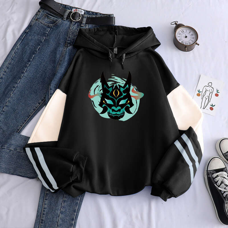 Impact Genshin Xiao Mask Fangs Hoodies Printing Women Men Unisex Haruku Cartoon Plus Size Drawstring Winter Sweatshirts