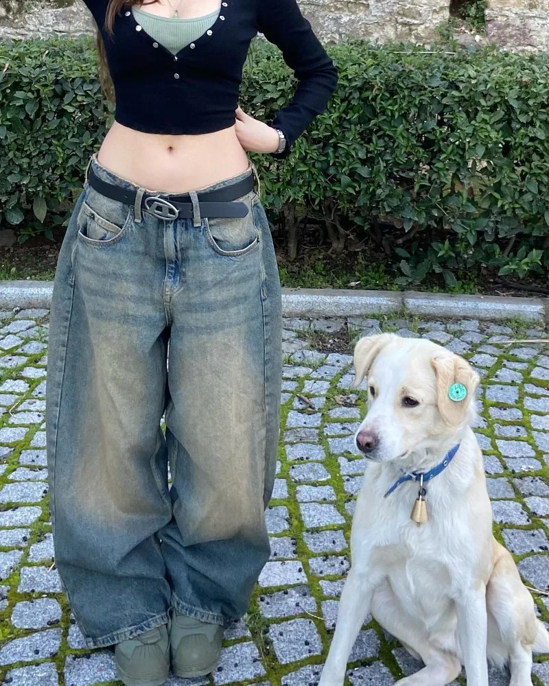 Streetwear Fashion Solid Color Washed Baggy Jeans Women Y2K Harajuku Vintage Gothic Casual Joker High Waist Wide Leg Pants 240813