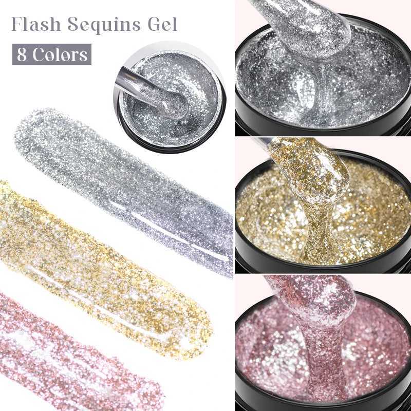 MEET ACROSS 8ml Pink Glitter Sequins Gel Nail Polish Shiny Sparkling Platinum Silver Semi Permanant Nail Art Gel Varnish NailsM240814