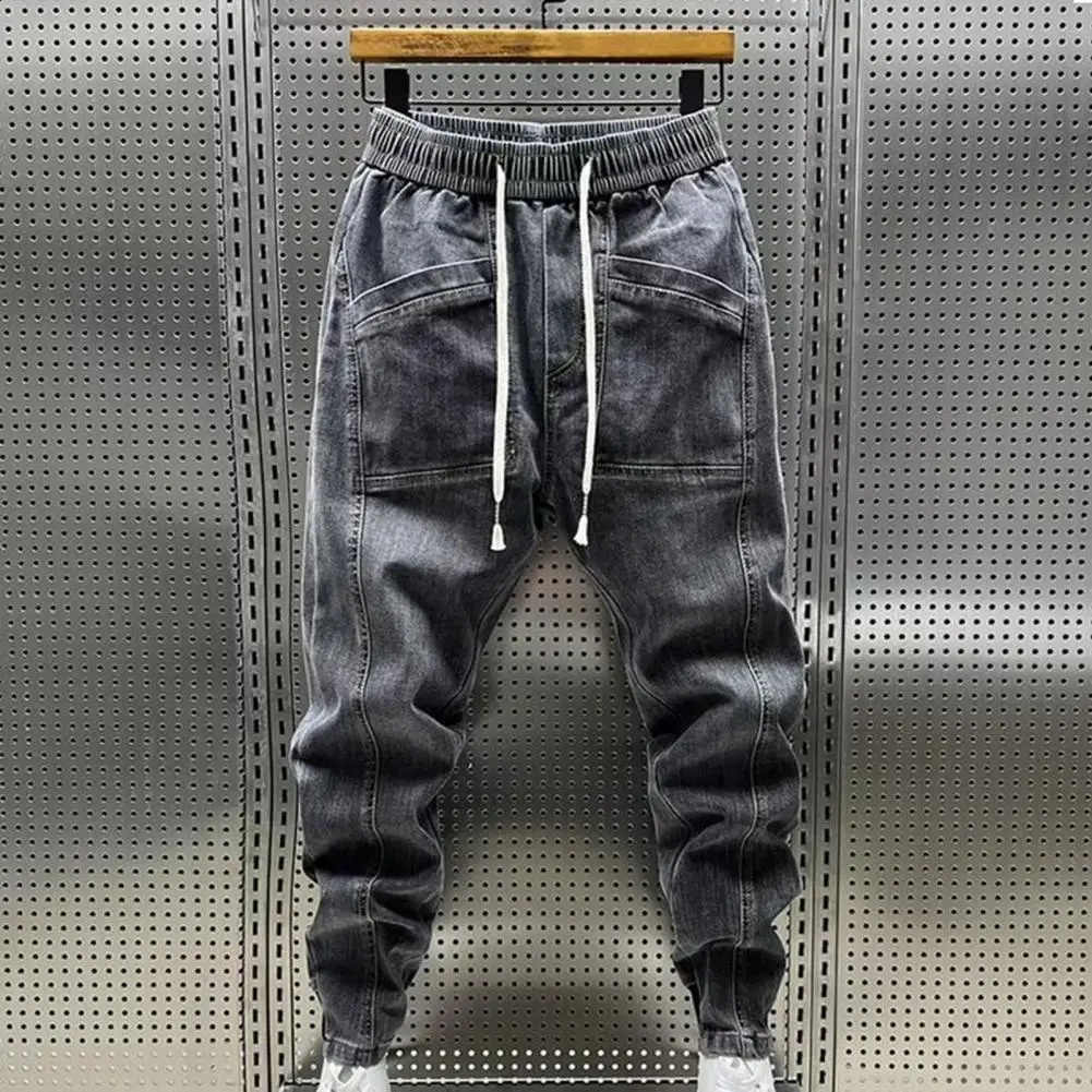 Elastic Waist Jeans Mens Elastic Drawstring Waist Denim Cargo Pants With Pockets Solid Color Harem Trousers For Spring Autumn 240814