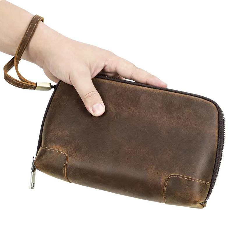 Retro mens leather clutch bag brown cowhide leather storage bag travel toilet kit washing bag mens leather handbag 240812