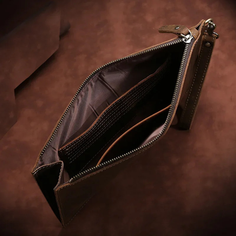 Retro leather mens handbag street fashion handbag business document bag medium-sized solid color lightweight zipper opening 240812