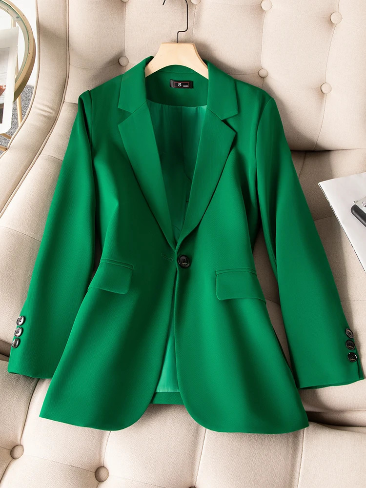 Khaki Black Green Women Solid Formal Blazer Coat Female Long Sleeve Single Button Straight Jacket For Office Ladies Work Wear 240813