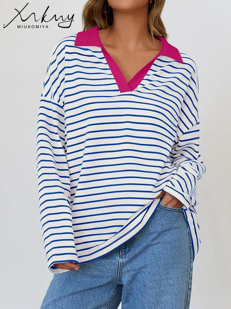 Autumn oversized polo striped womens sportswear casual loose long sleeved T-shirt striped floral womens bag style sportswear 240827