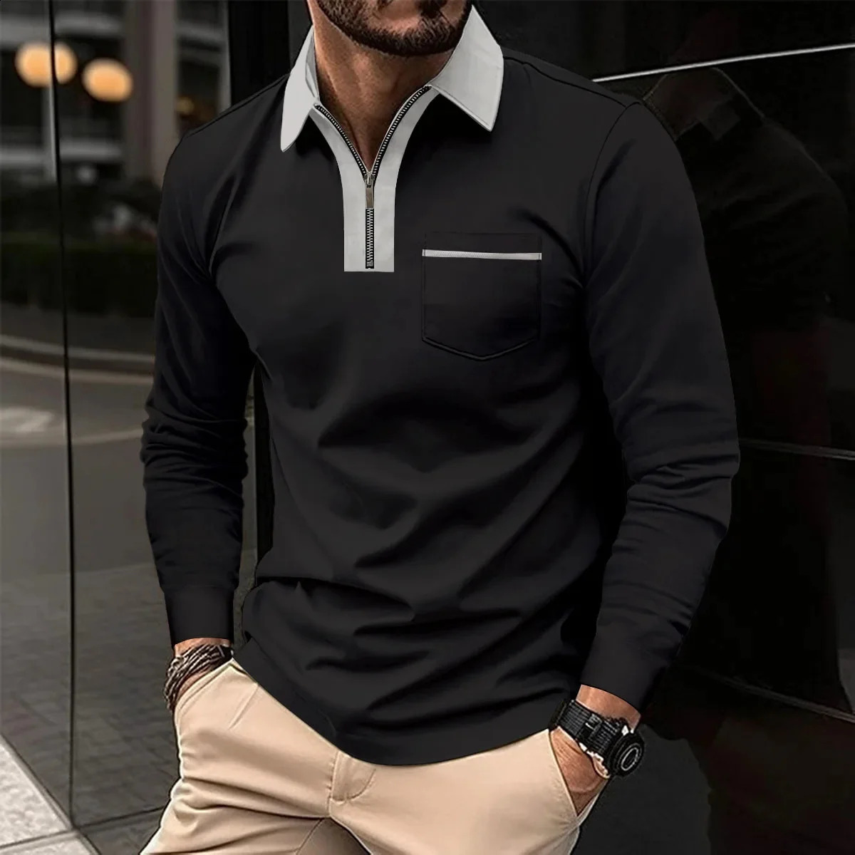 n collar pocket striped versatile loose fit for all seasons mens long sleeved zipper polo shirt MB14 240820