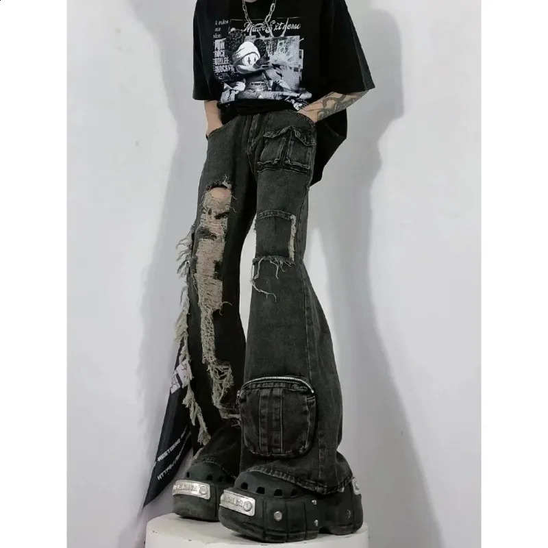 Heavy-wash Distressed Multi-pocket Straight-leg Jeans American Retro Street Wide Leg Jeans Harajuku Style Hip Hop Trousers 240821