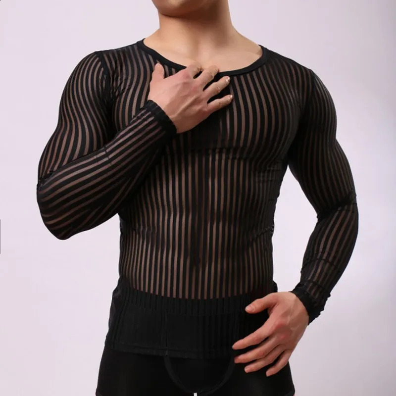 Mens Stripe Undershirt Breathable Slim Mesh Tees Shirt See Through Sheer Long Sleeves T Shirts Sexy Transparent Shirt Underwear 240814