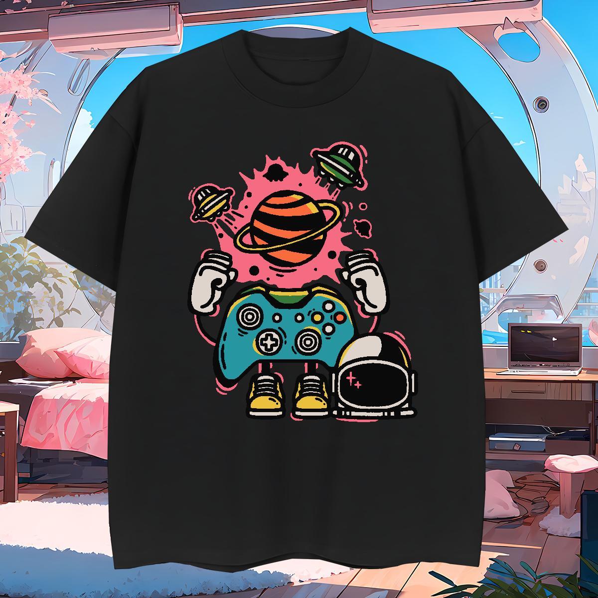 Men T Shirts 230g 100% Cotton cosmonaut Daily Wear Breathable Soft Cartoon Print Men Clothes T-Shirt 2024 Unisex Tees