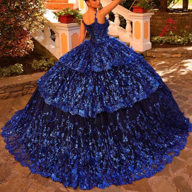 Navy Blue Shiny Princess Quinceanera Dresses Off the Shoulder Ball Gown Sweet 16 Dress Beads Appliques Lace Beads Vestidos De 15 Anos
