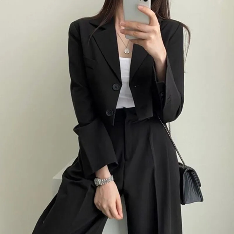 Autumn Fashion Pant Suits Women Korean Trend Commuting Loose Short Section Long-sleeved Suit Jacket Top Pants 2pcs Matching Set 240813