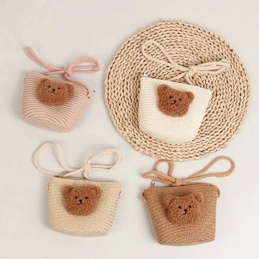 Cute childrens shoulder bag summer grass woven handmade bag mini girl coin wallet cartoon bear toddler cross bag W240906