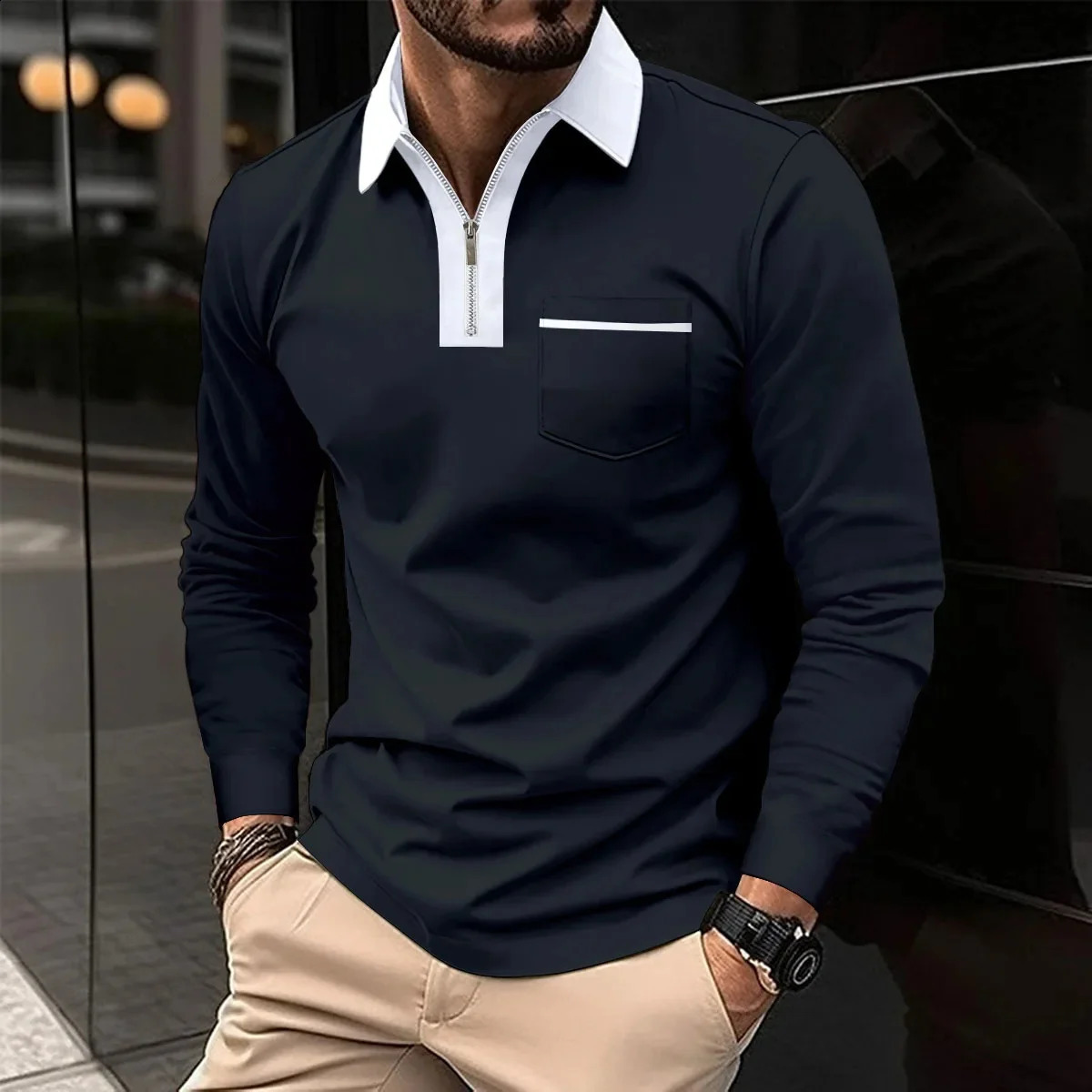 n collar pocket striped versatile loose fit for all seasons mens long sleeved zipper polo shirt MB14 240820