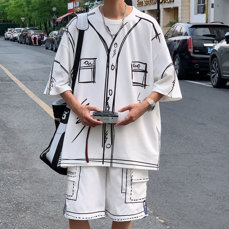 Summer Elegant Fashion Harajuku Slim Fit Ropa Hombre Loose Casual All Match Sports Suit Ice Shreds Short Sleeve Two Piece Set 240813