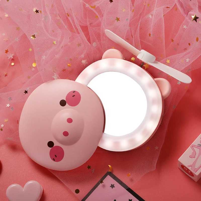 Cute little pig makeup mirror with LED light handheld makeup mirror girl with small fan portable makeup mirror for travel high-definition mirror W2408