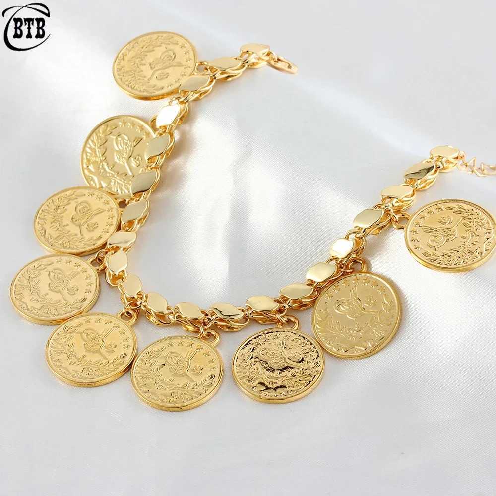 Charm Bracelets Punk Personality Gold Plated Portrait Coin Bracelet Womens Round Pendant Carving Trkiye Flower Jewelry Accessories Q240814